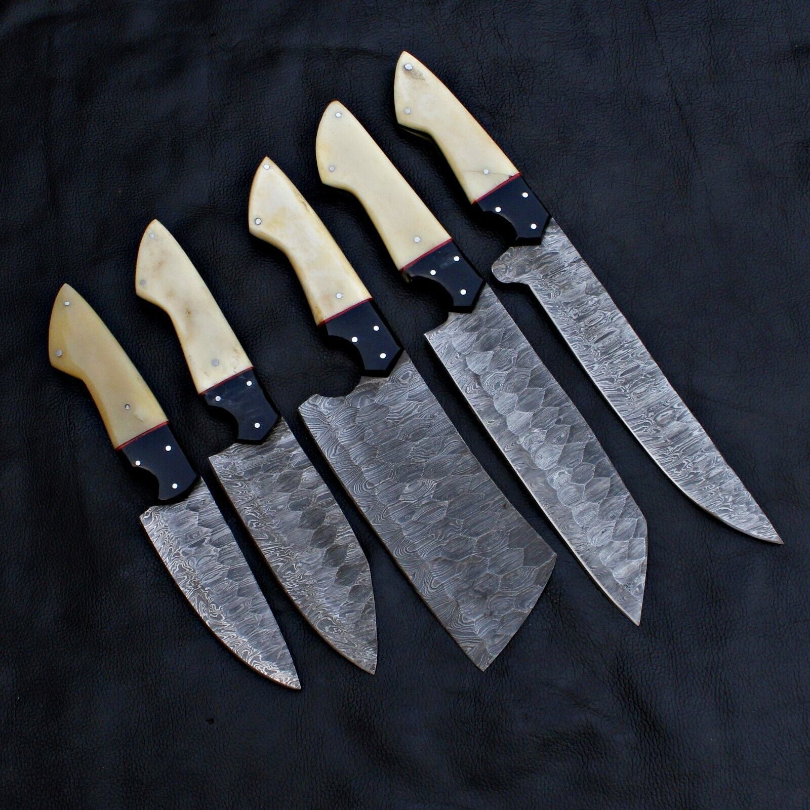 5 pieces custom hand forged Damascus steel kitchen chef set with full tang blades.
