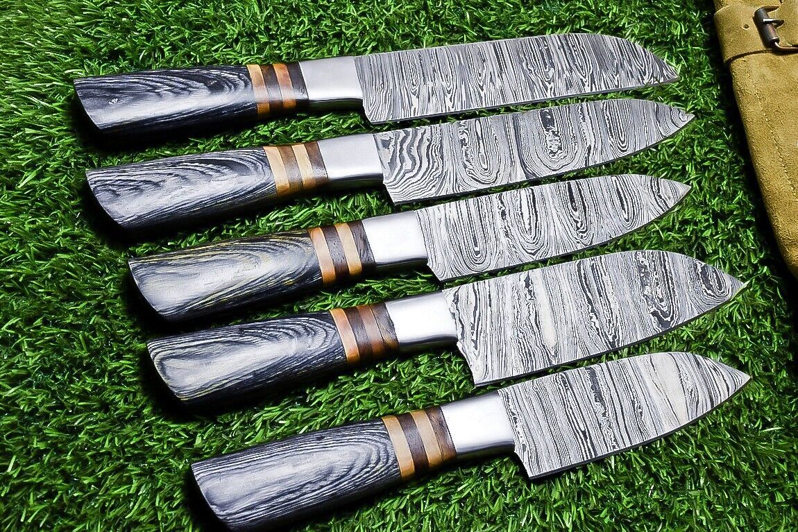 5 pieces custom Damascus kitchen knife set with hand forged 384 layer steel blades and hardwood handles with steel bolsters.