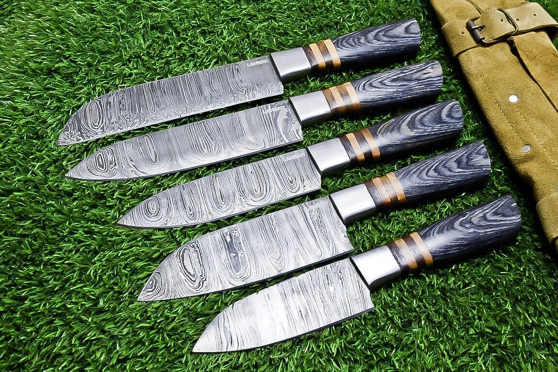 5 pieces custom Damascus kitchen knife set with hand forged 384 layer steel blades and hardwood handles with steel bolsters.