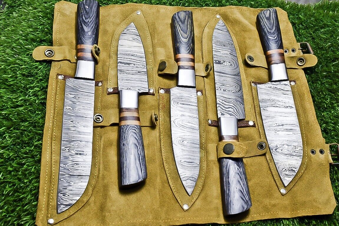Complete 5 pieces custom Damascus kitchen knife set displayed with a thick, hand stitched leather storage sheath.