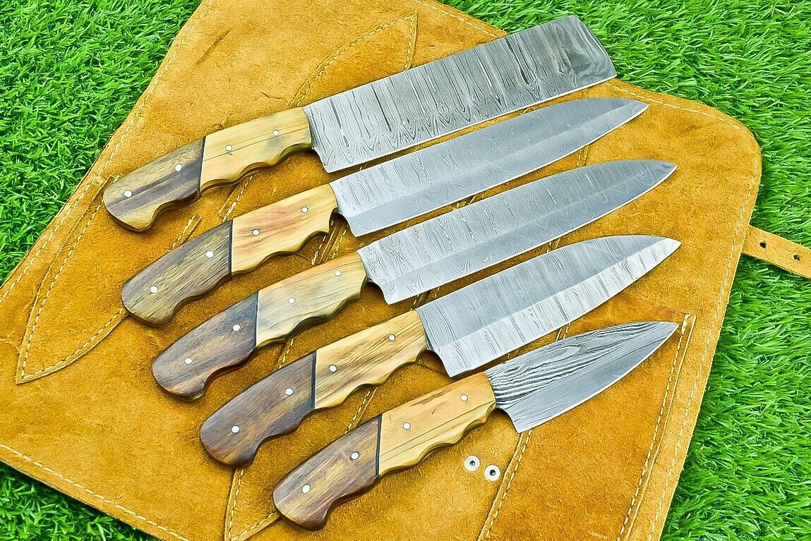 Handmade 5 pieces Damascus steel chef knife set with natural olive wood handles, organized in a premium hand stitched leather roll.