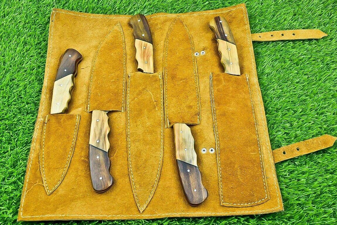 Top quality thick hand stitched leather storage roll for 5 piece Damascus knife set, designed for durability and travel.