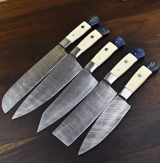 5 pieces custom handmade Damascus chef knife set with camel bone handles and leather sheaths.
