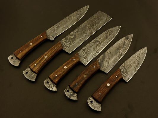 Handmade 5 pieces Damascus steel chef knife set with hand forged 512 layer blades and a premium leather carrying case.