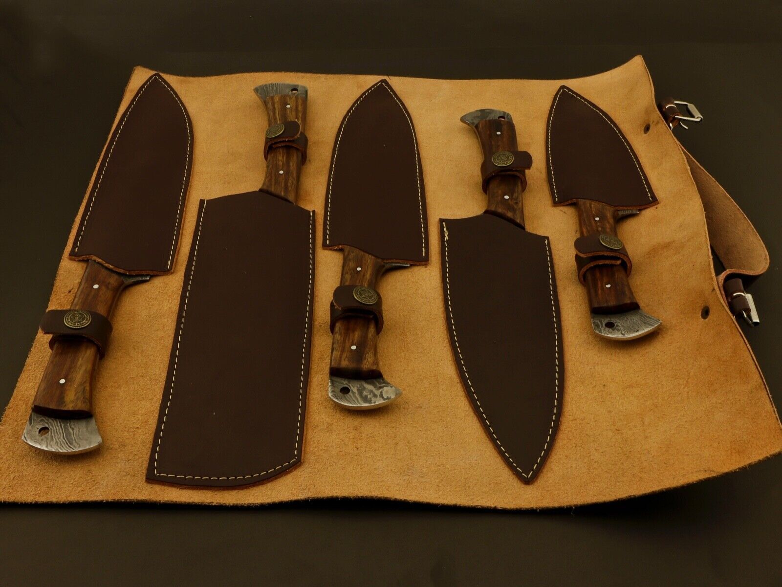 Premium leather carrying case for 5 piece Damascus kitchen knife set, designed for safe storage and culinary travel.