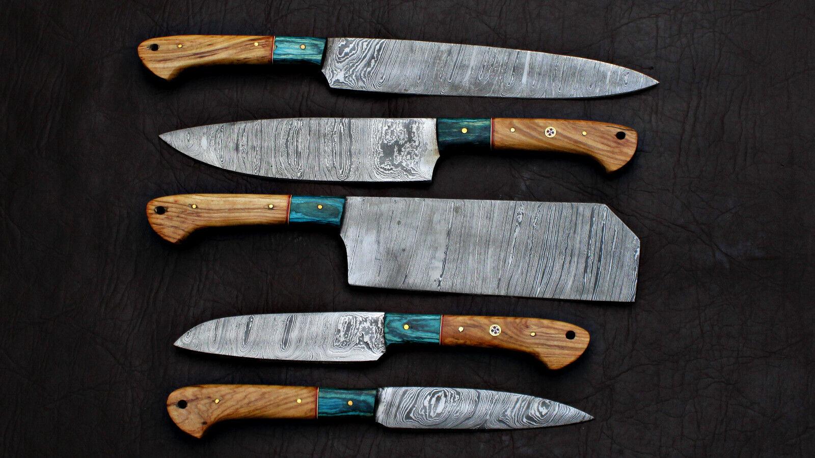 Complete 5 pieces Damascus steel kitchen knife set displayed with protective storage sheaths.