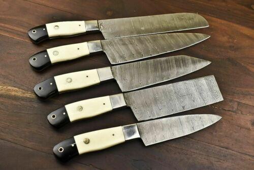 Hand forged 5 pieces Damascus steel chef knife set featuring genuine camel bone handles and silver bolsters.