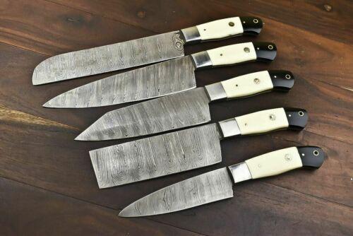 Complete 5 pieces Damascus steel chef knife set with protective leather sheaths for professional storage.