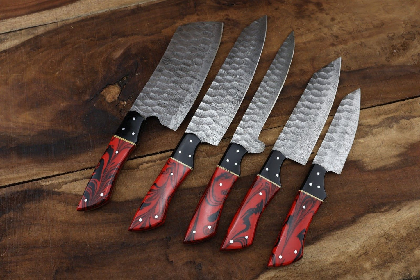 Hand forged 5 pieces Damascus steel knife set with premium resin handles, suitable for professional kitchen use, camping, and hunting.