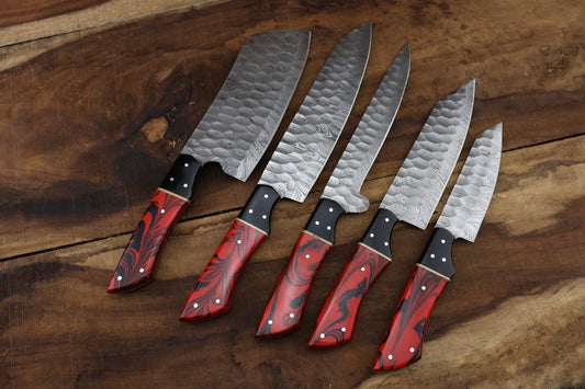 Hand forged 5 pieces Damascus steel knife set with premium resin handles, suitable for professional kitchen use, camping, and hunting.
