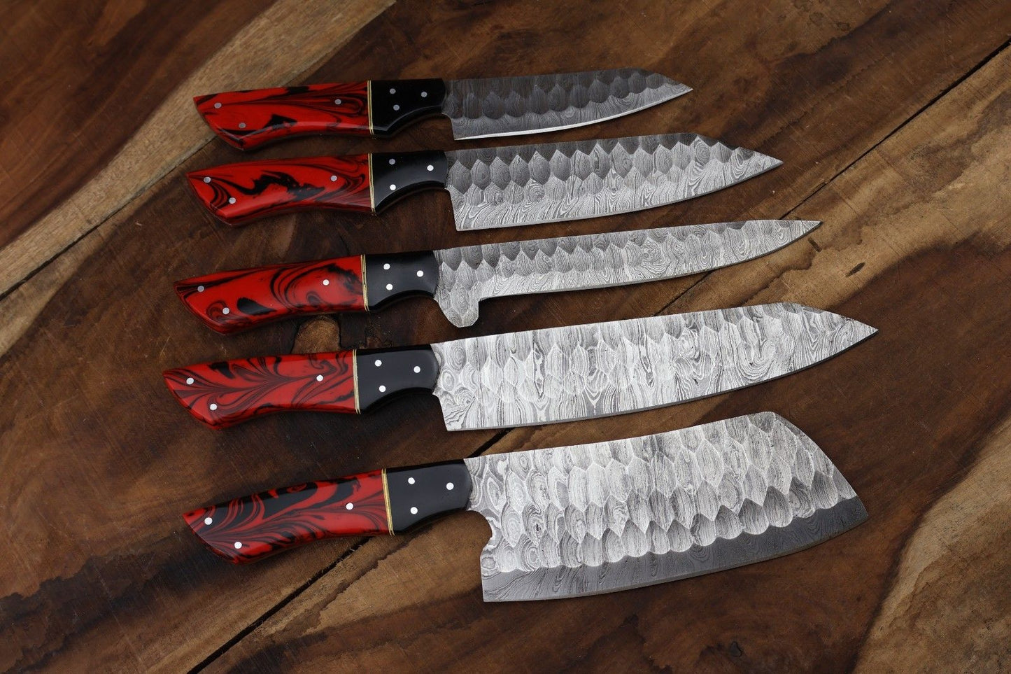 Versatile 5 pieces handmade Damascus steel knife set ranging from 10 to 13 inches, ideal for both culinary precision and outdoor utility.