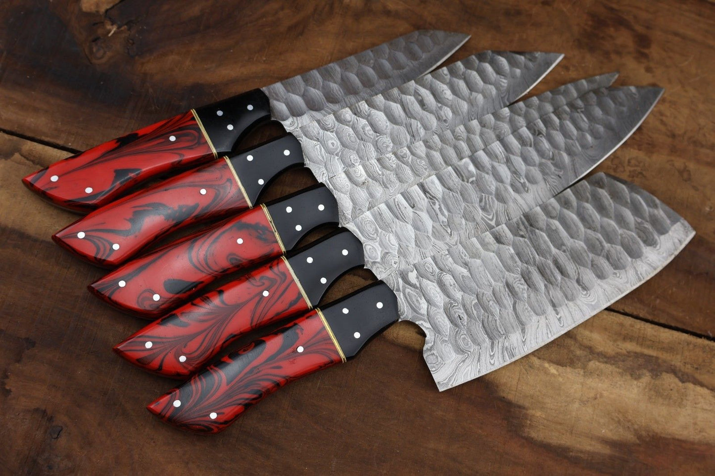 Hand forged 5 pieces Damascus steel knife set with premium resin handles, suitable for professional kitchen use, camping, and hunting.
