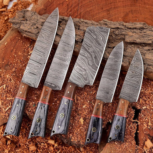 Hand forged 5 pieces Damascus steel kitchen knife set with premium rosewood handles and leather storage roll.