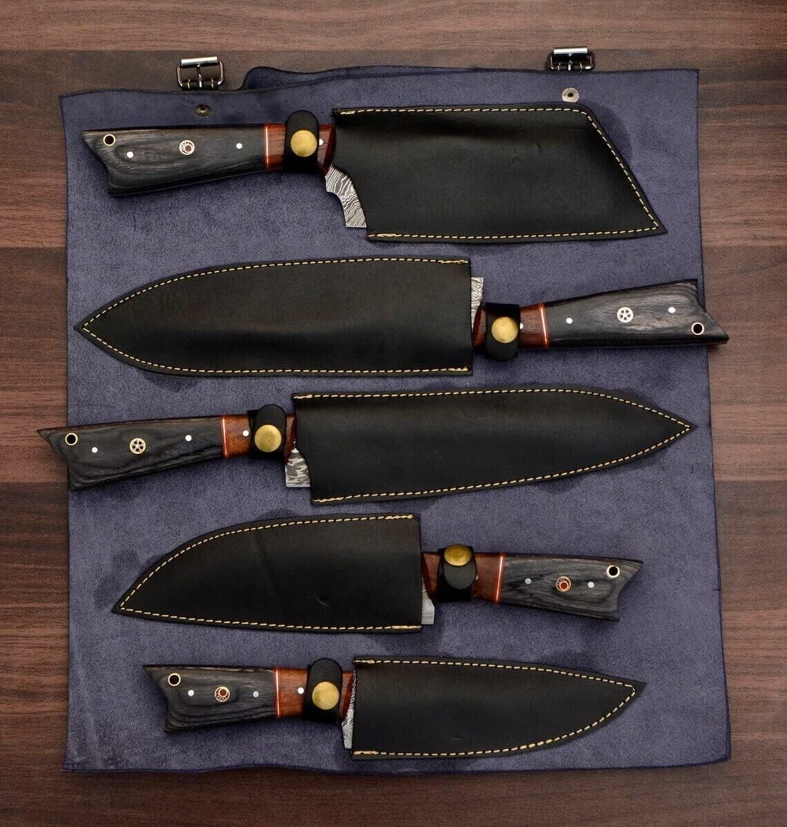 Custom Damascus chef knife set displayed in a professional leather roll, perfect for kitchen storage or travel.