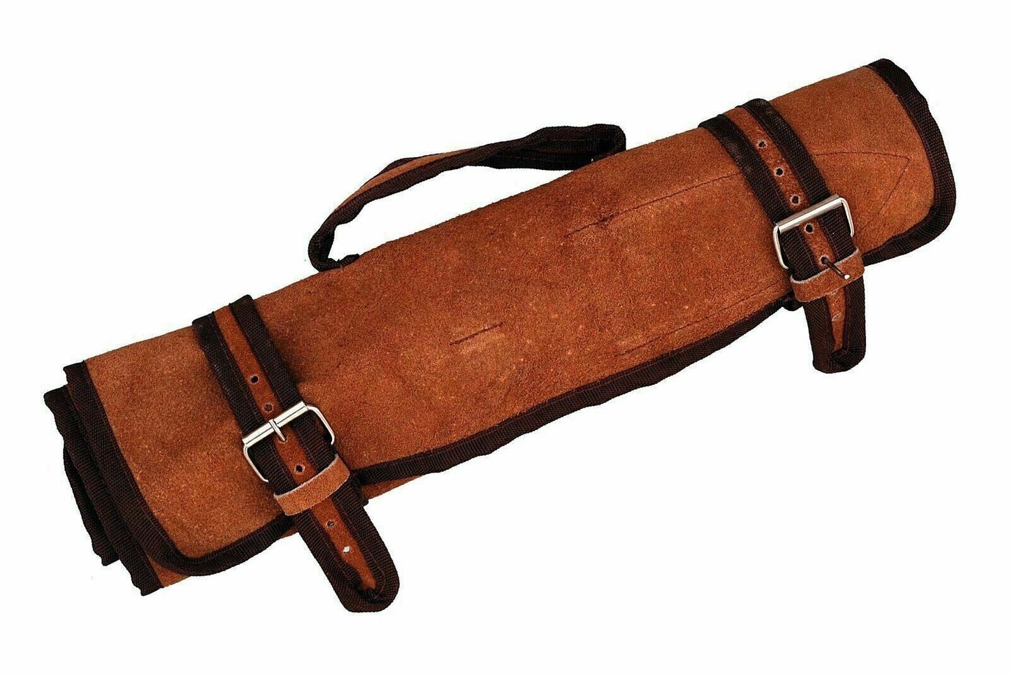 Premium hand tooled leather sheath roll for safe storage and transport of Damascus steel kitchen knives.