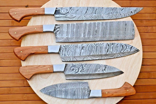 Professional 5 pieces handmade Damascus steel chef knife set featuring premium wood handles and reinforced steel bolsters.