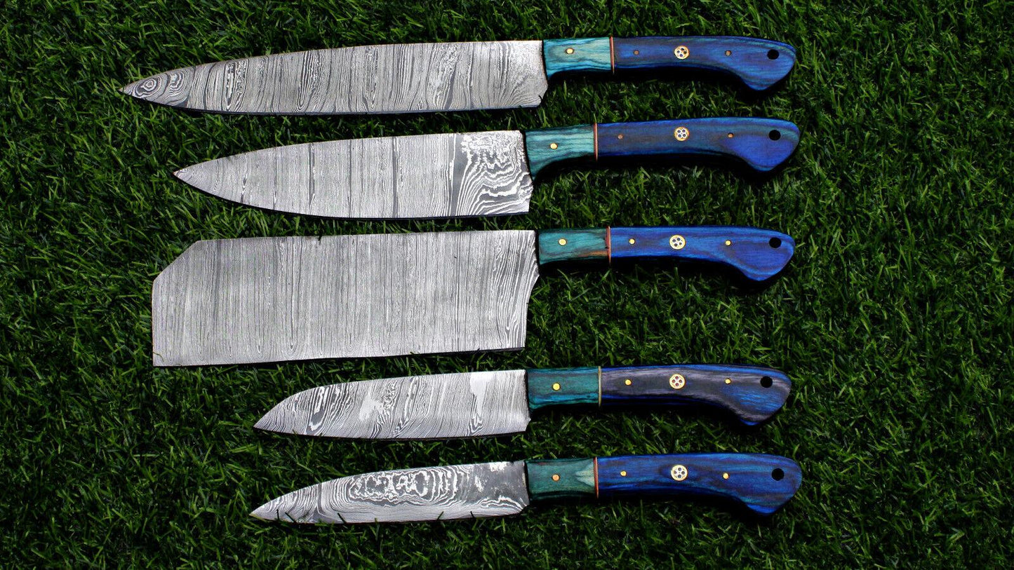 Complete 5 pieces Damascus steel kitchen knife set displayed with protective storage sheaths.