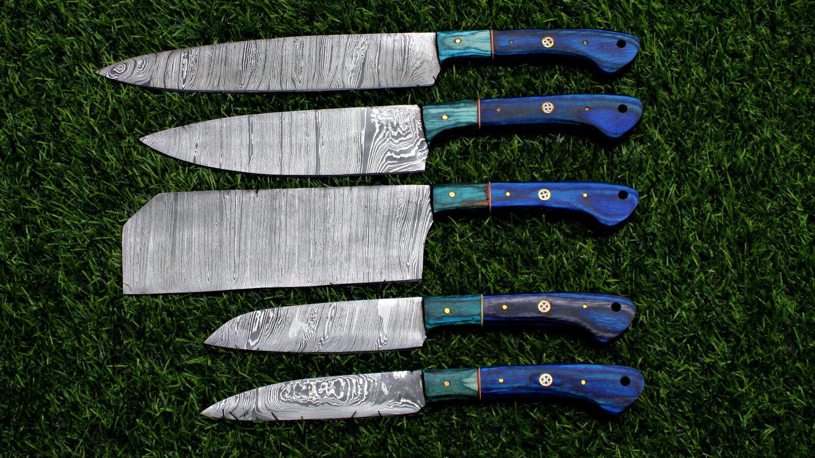 Complete 5 pieces Damascus steel kitchen knife set displayed with protective storage sheaths.
