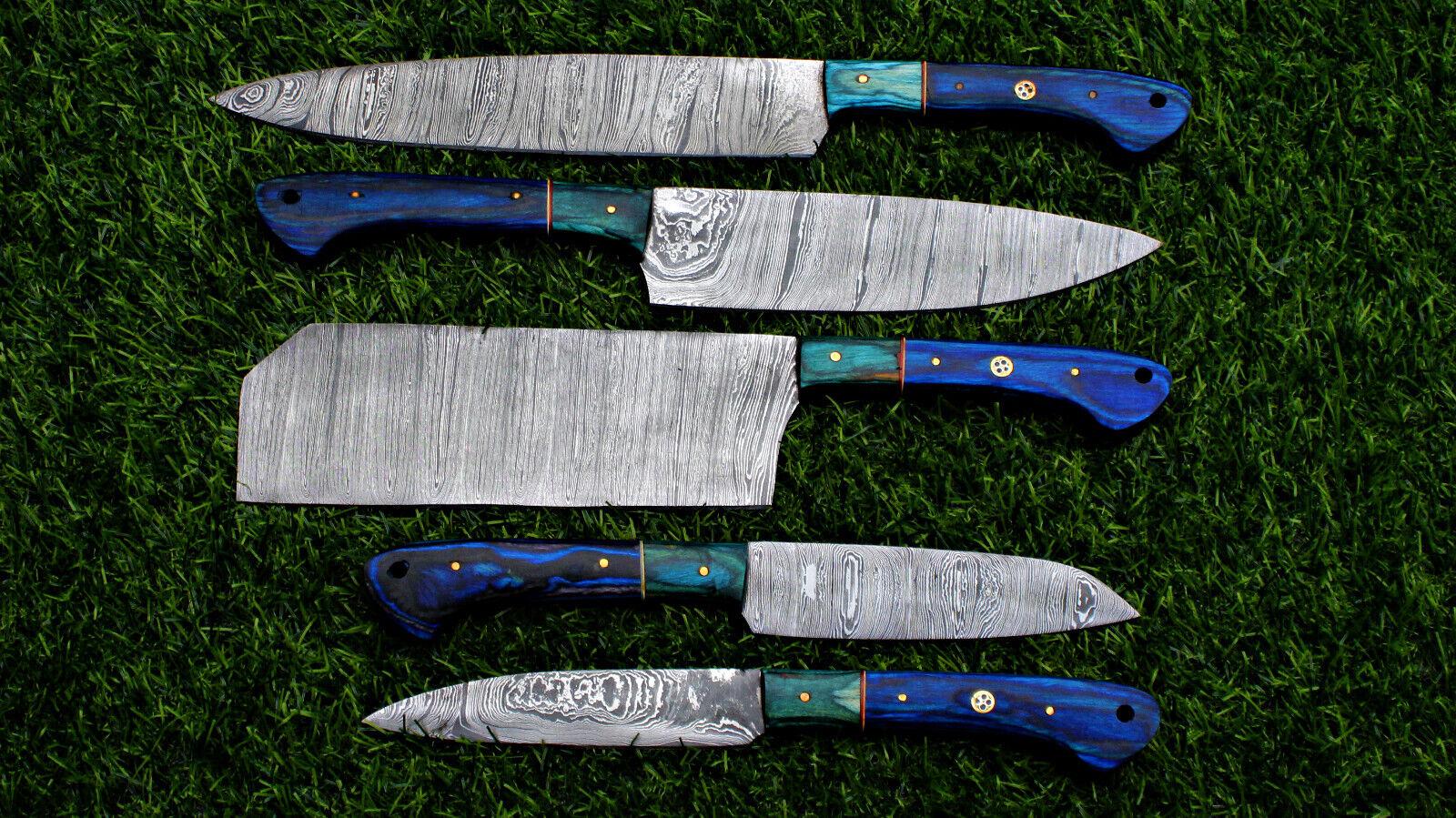 Complete 5 pc Damascus steel kitchen knife set displayed with protective storage sheaths.