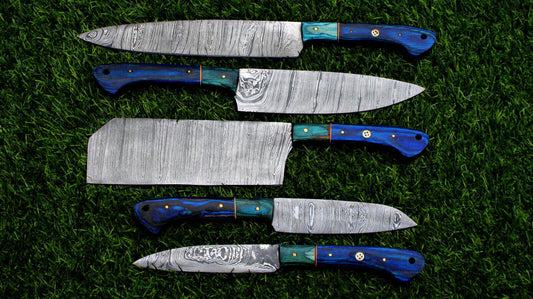Complete 5 pc Damascus steel kitchen knife set displayed with protective storage sheaths.