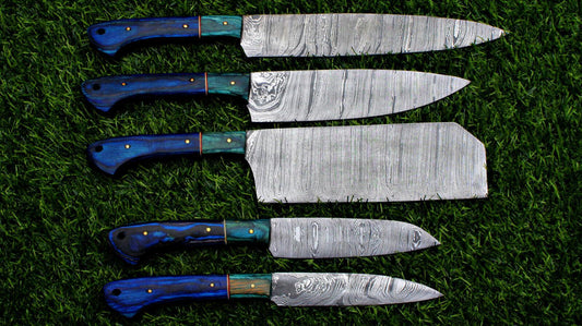 5 pieces custom handmade Damascus chef knife set with forged steel blades on a rustic wooden background.
