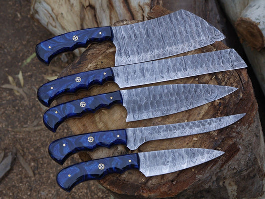5 Pieces Handmade Damascus Chef Knife Set – Forged Steel Kitchen Knives with Leather Sheath