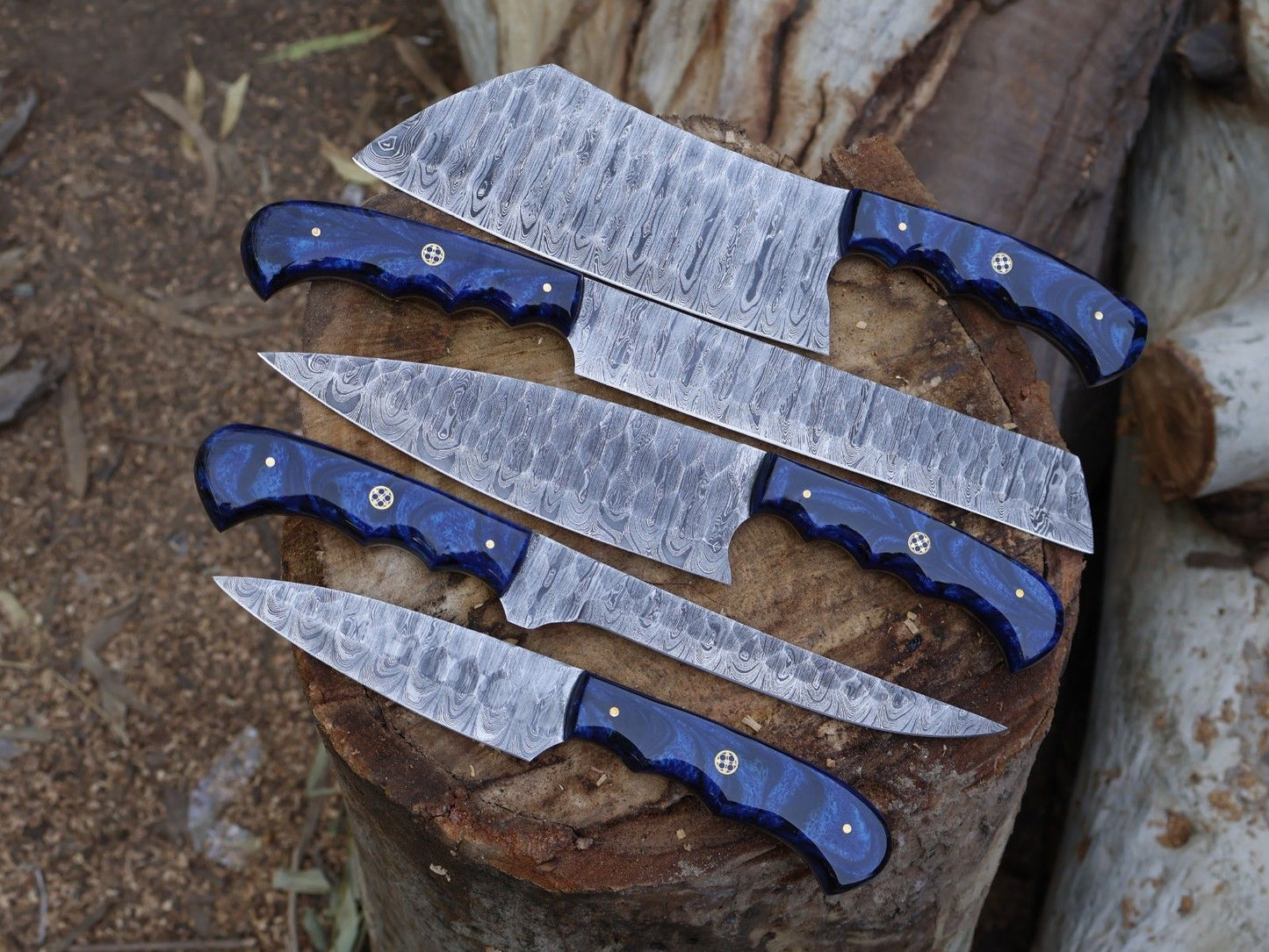 5 Pieces Handmade Damascus Chef Knife Set – Forged Steel Kitchen Knives with Leather Sheath