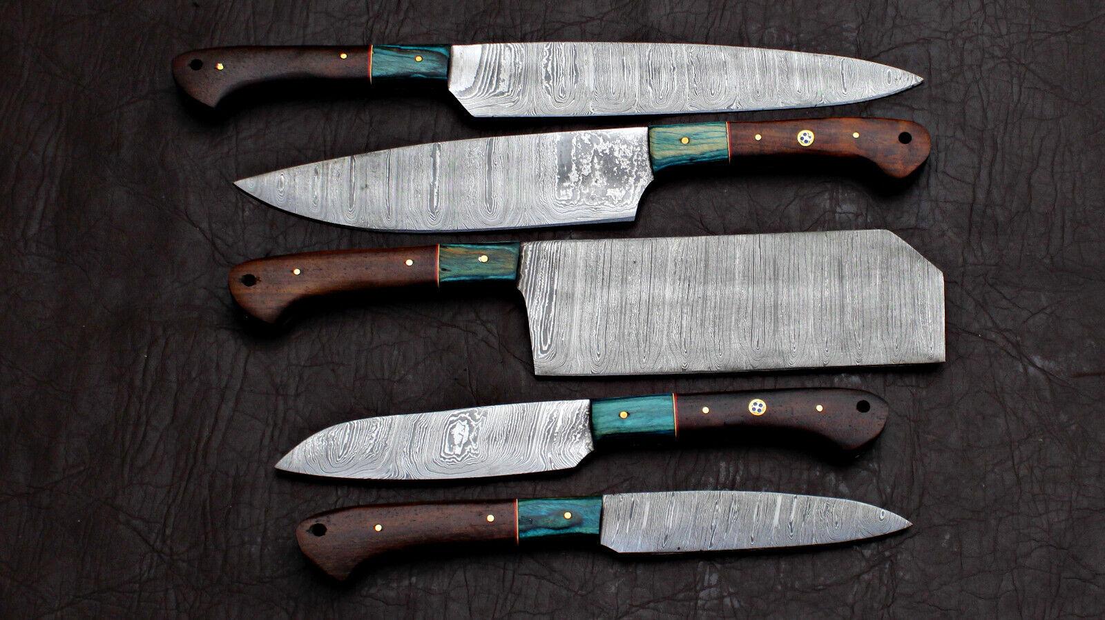 Complete 5 pieces Damascus steel kitchen knife set displayed with protective storage sheaths.