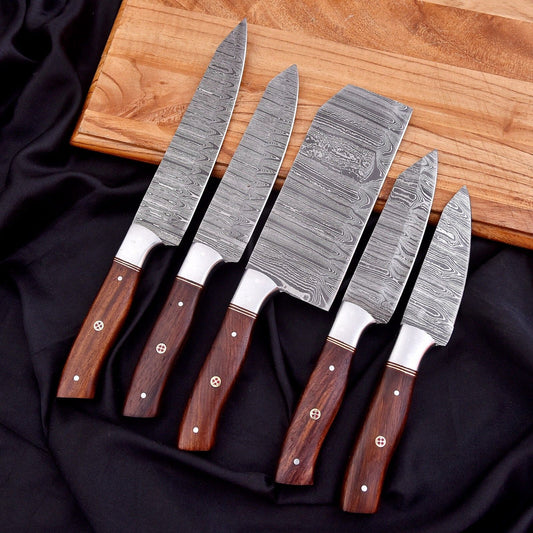Professional 5 pieces hand forged Damascus steel chef knife set featuring 512 layer twist pattern blades.