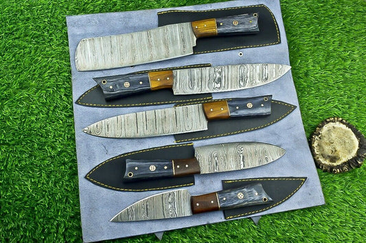 5 pieces custom Damascus kitchen knife set with hand forged 384 layer steel blades and wood handles.