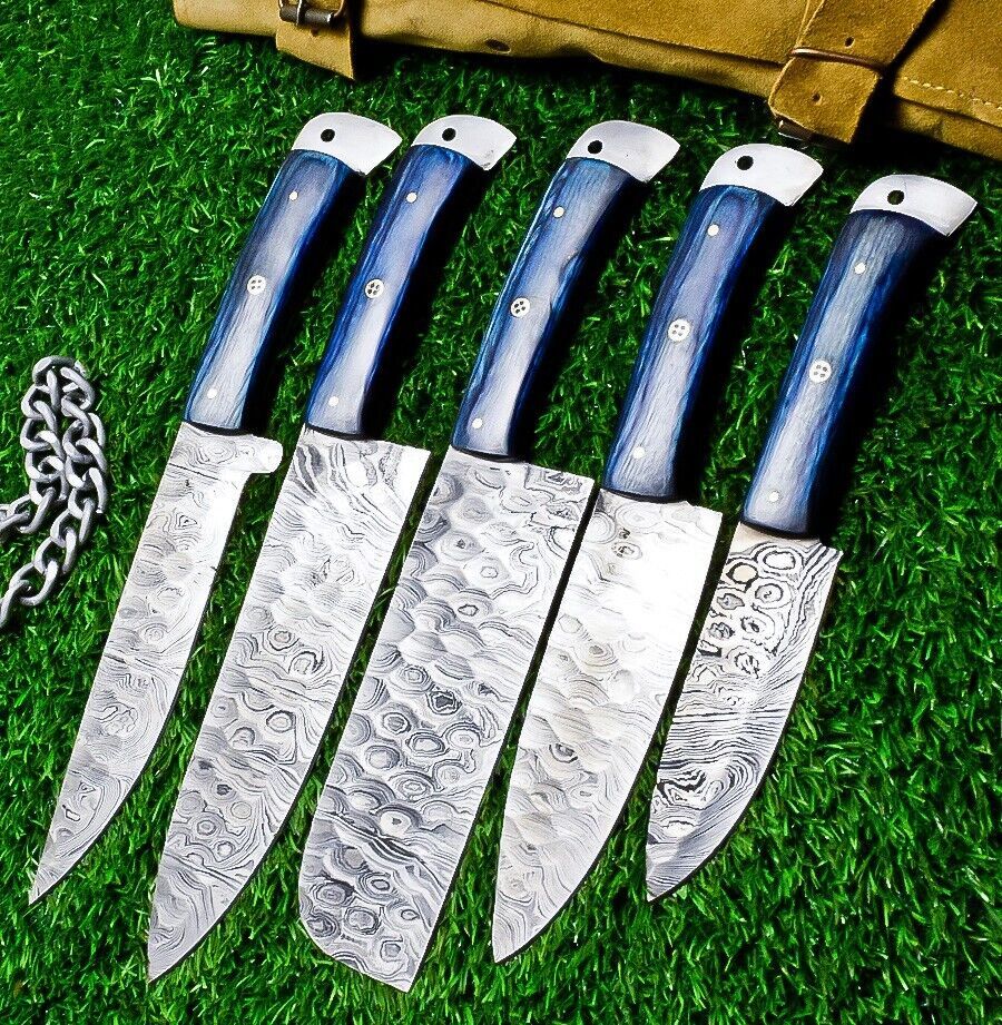 5 pieces Damascus steel chef knife set displayed next to a measurement scale for size reference.
