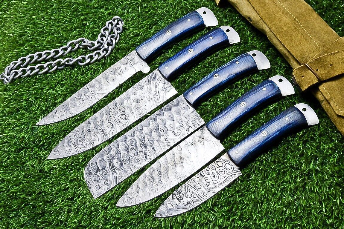 5 pieces Damascus steel chef knife set displayed next to a measurement scale for size reference.