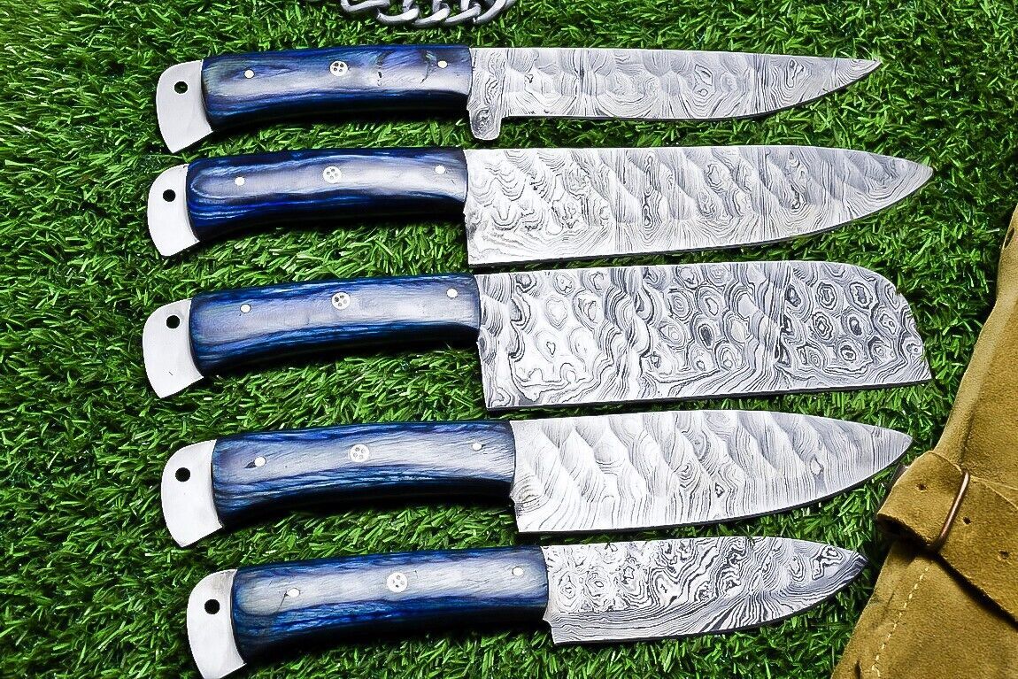 5 pieces custom Damascus kitchen knife set featuring hand forged 384 layer steel blades and hardwood handles.