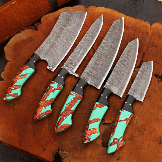 5 pieces custom handmade Damascus chef knife set with leather sheaths, featuring forged steel blades and unique ergonomic handles.