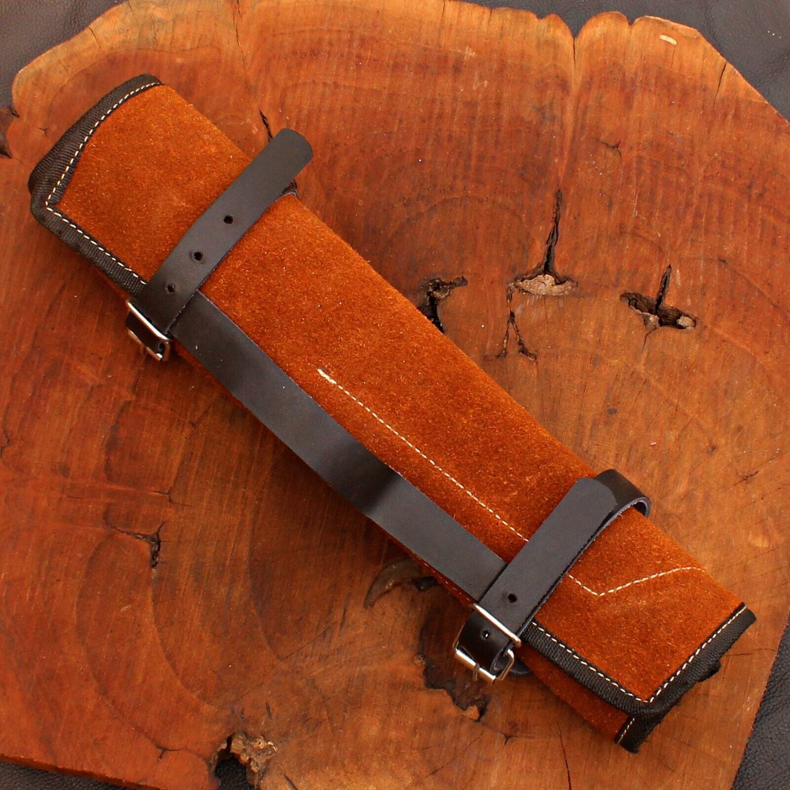 Complete 5 pieces Damascus steel chef knife set stored safely in individual leather sheaths, ready for kitchen use.