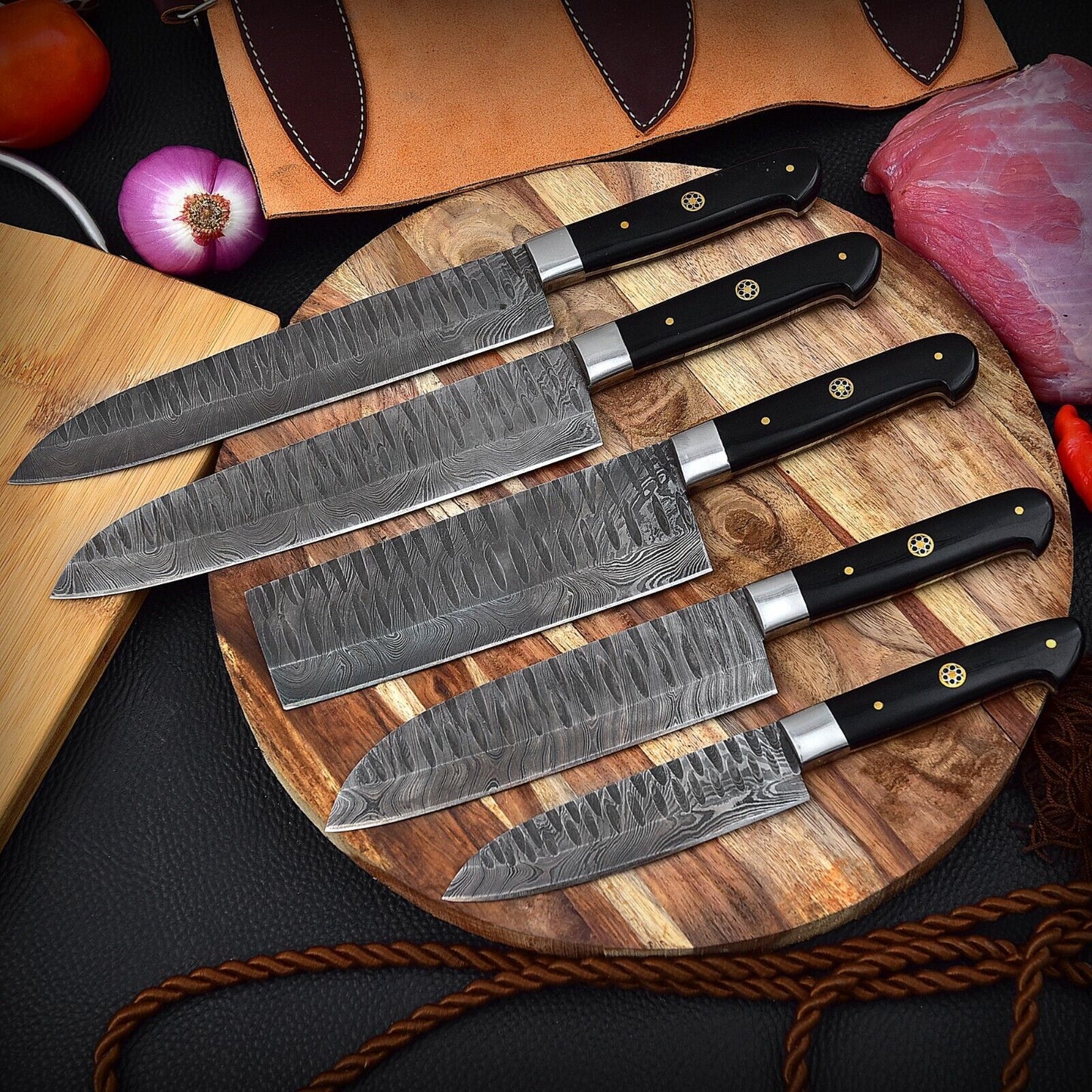 Detail view of a hand forged 13 inch Damascus steel bread knife with 512 layer twist pattern and ergonomic wood handle.