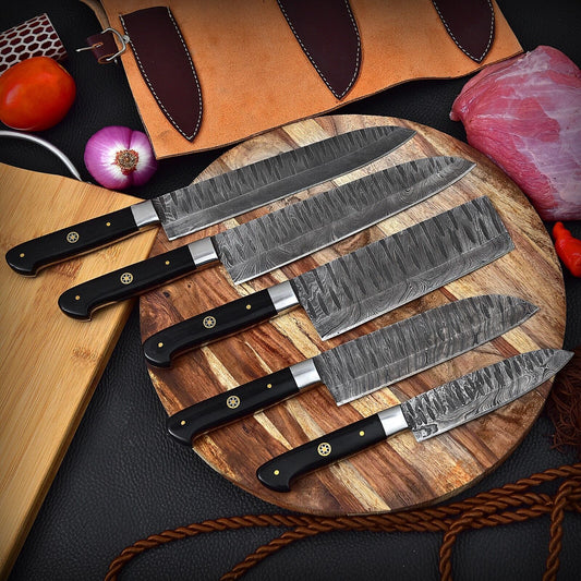 Hand forged 5 pieces Damascus steel chef knife set including Paring, Bread, Utility, Chef, and Cleaver knives with leather sheaths.