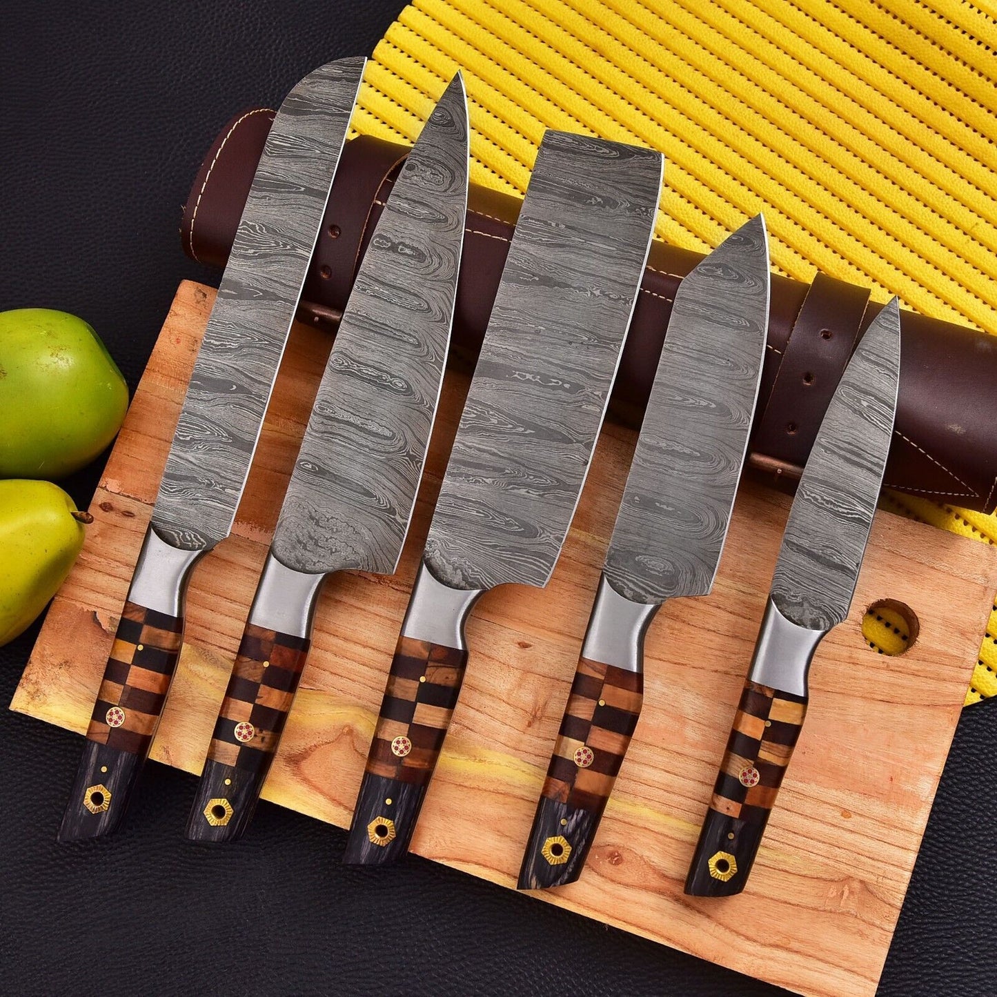 Hand forged 5 pieces Damascus steel chef knife set with ergonomic wood handles, complete with custom leather sheaths.