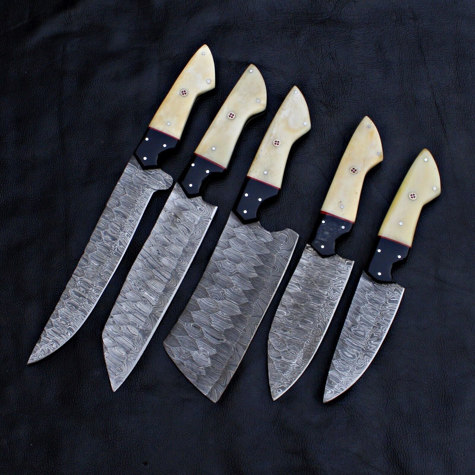 Hand forged 5 pieces Damascus steel kitchen knife set featuring professional full tang construction for superior durability.