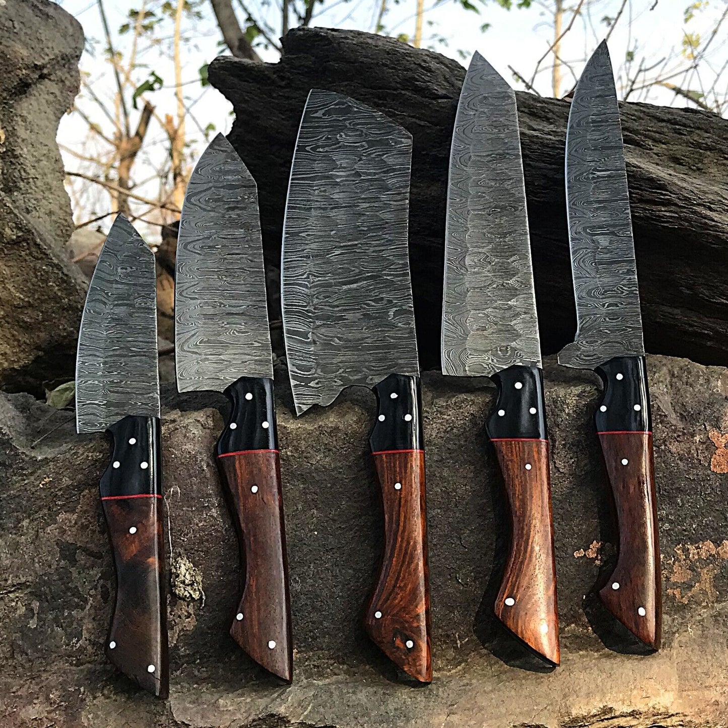 Complete 5 pieces professional Damascus chef knife set including various blade styles for versatile kitchen use.