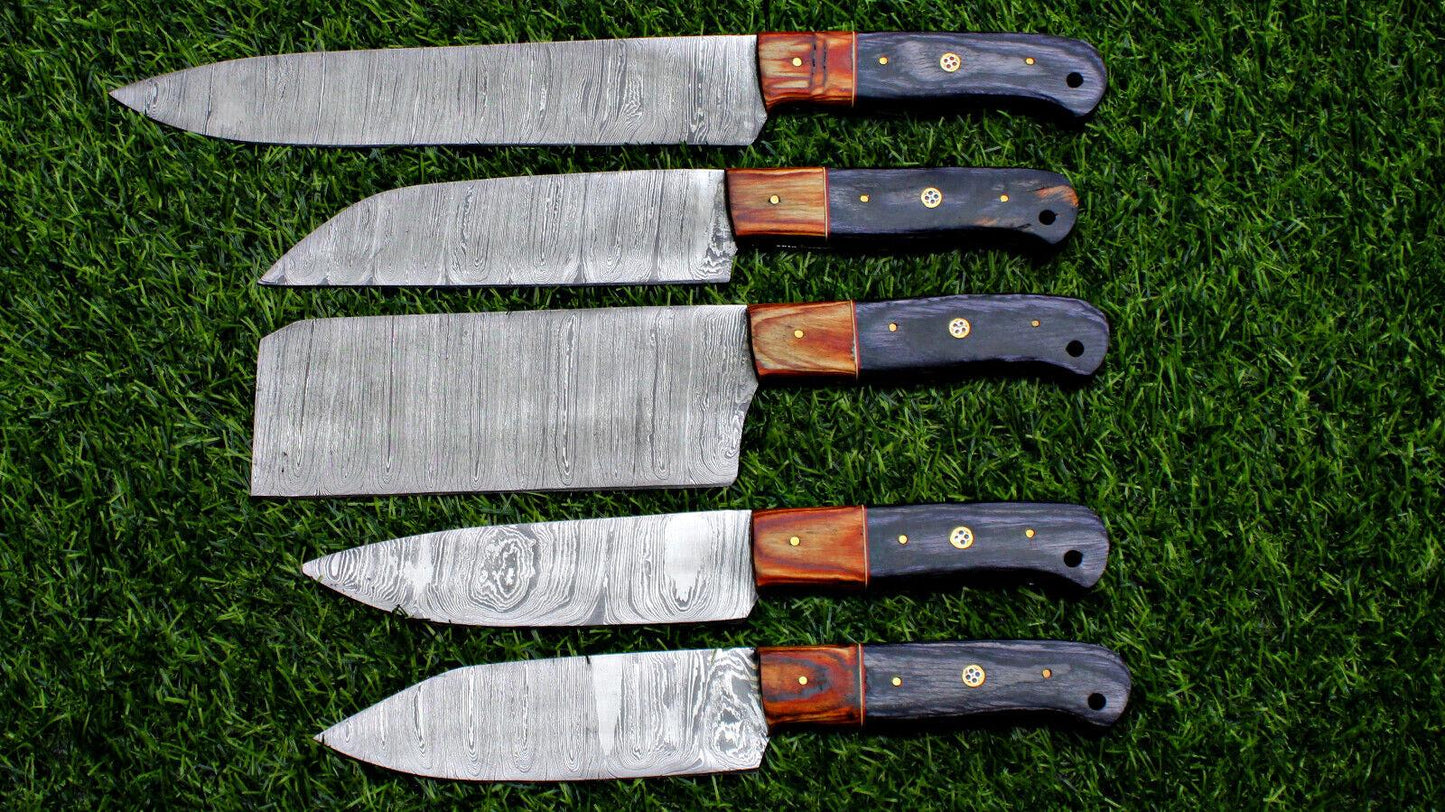 Complete 5 pieces Damascus steel kitchen knife set displayed with protective storage sheaths.
