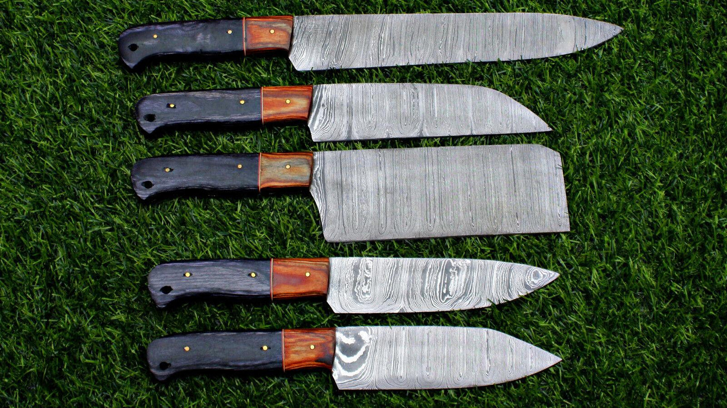 5 pieces custom handmade Damascus chef knife set with forged steel blades on a rustic wooden background.