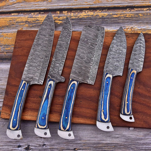 Hand forged 5 pieces Damascus steel kitchen knife set featuring elegant engraved bone handles and decorative mosaic pins.