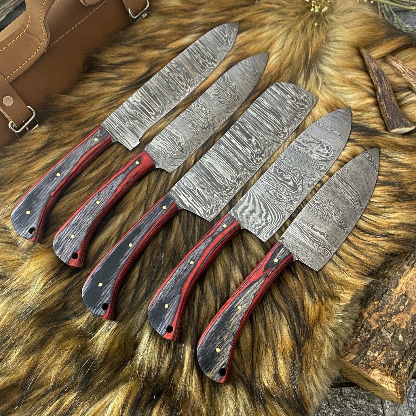 Hand forged 5 pieces custom kitchen knife set with sleek black coated steel blades and wood handles.