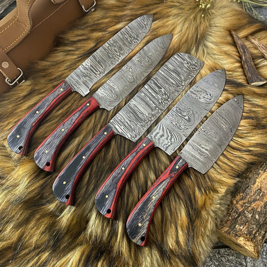 Hand forged 5 pieces custom kitchen knife set with sleek black coated steel blades and wood handles.