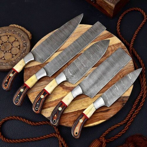 Handmade 5 pieces Damascus steel kitchen knife set featuring unique bone, wood, and steel bolster handles.