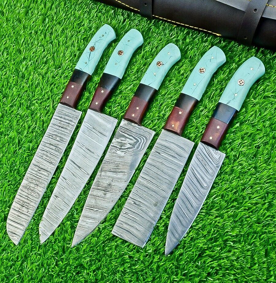 5 pieces custom Damascus kitchen knife set featuring 384 layer steel blades and modern resin and micarta handles.