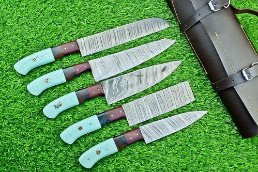 5 pieces custom Damascus kitchen knife set featuring 384 layer steel blades and modern resin and micarta handles.