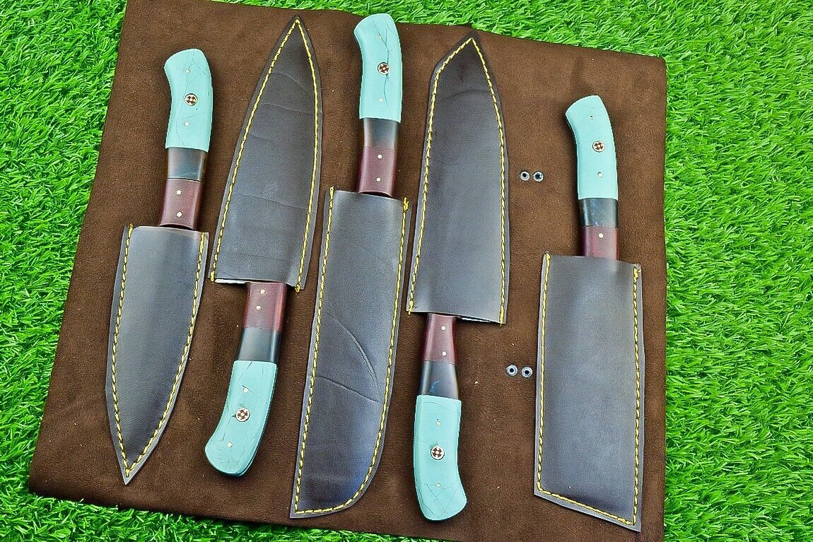 A complete 5 pieces set of Damascus kitchen knives with resin and micarta handles, showcased with their leather storage roll.