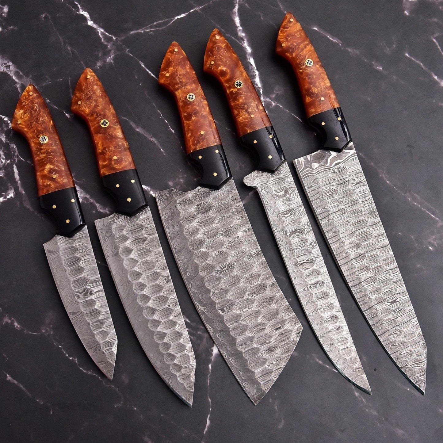 Premium 5 pieces handmade Damascus chef knife set featuring durable resin handles.